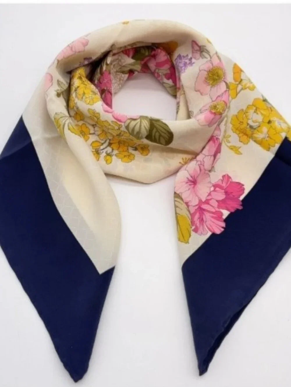 Vintage Christian Dior Silk Floral Scarf Navy Blue Border
